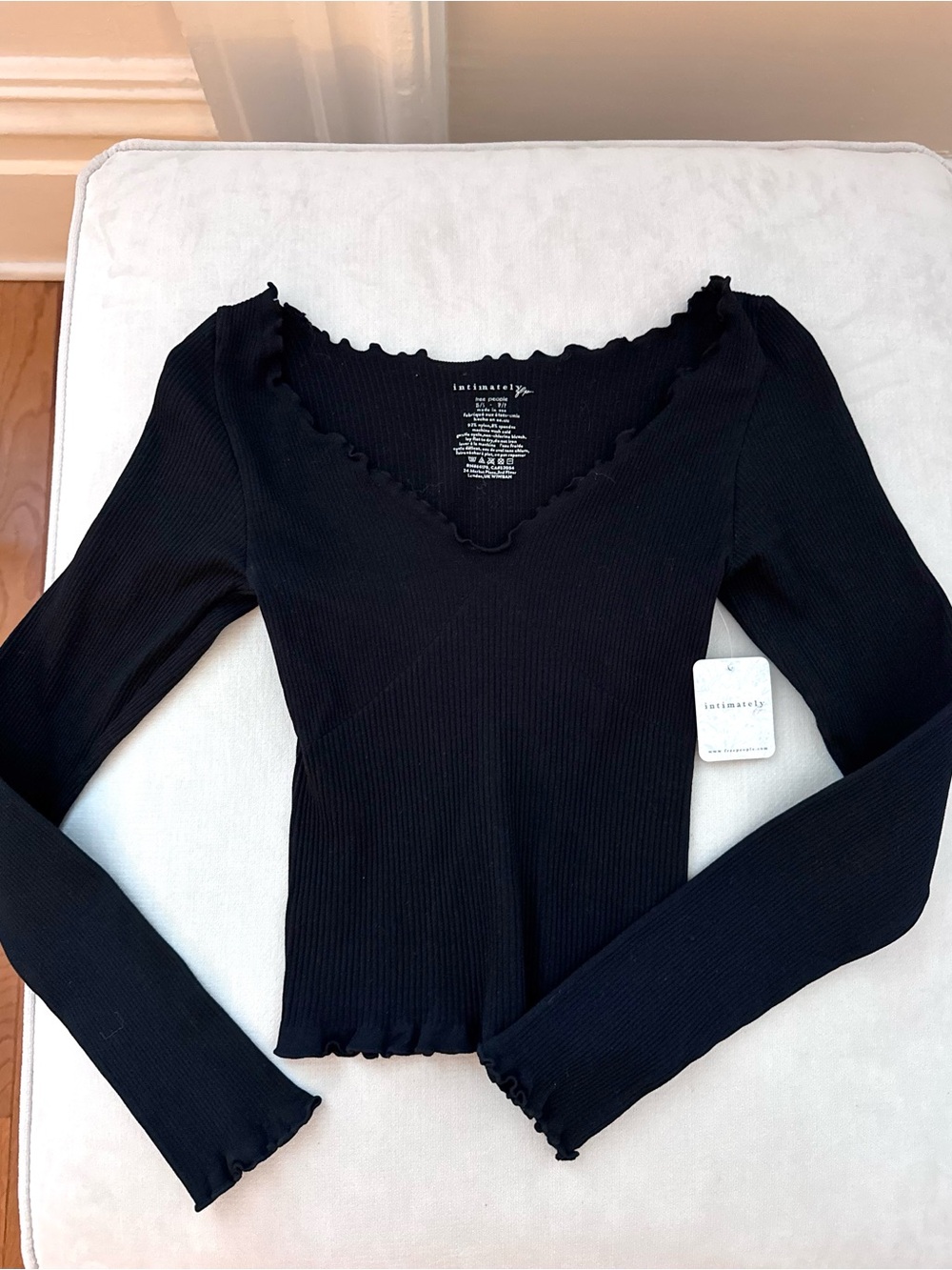 Free People Black Ribbed V-Neck Lettuce-Edge Long Sleeve Top